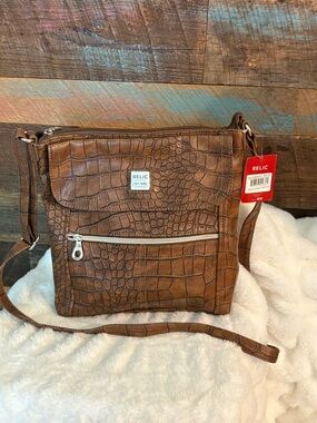Relic Brown Croc-Embossed Crossbody with Silver Logo Plate